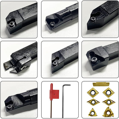 Set cutite de strung cu placute amovibile, 7 pese de strunjit cu insertii din carbura 12 mm cu bara de gaurit si 7 chei T8