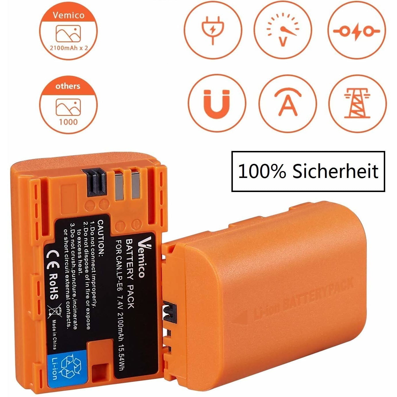 Set 2 Acumulatori LP-E6 LP-E6N + Incarcator , Vemico 2040 mAh , pentru Canon EOS 7D Mark II , 5D Mark IV , 5D Mark III , 70D , 5DS , 5DS R , 5D Mark II , 6D , 7D , 80D , 60D