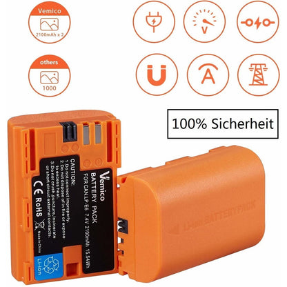 Set 2 Acumulatori LP-E6 LP-E6N + Incarcator , Vemico 2040 mAh , pentru Canon EOS 7D Mark II , 5D Mark IV , 5D Mark III , 70D , 5DS , 5DS R , 5D Mark II , 6D , 7D , 80D , 60D
