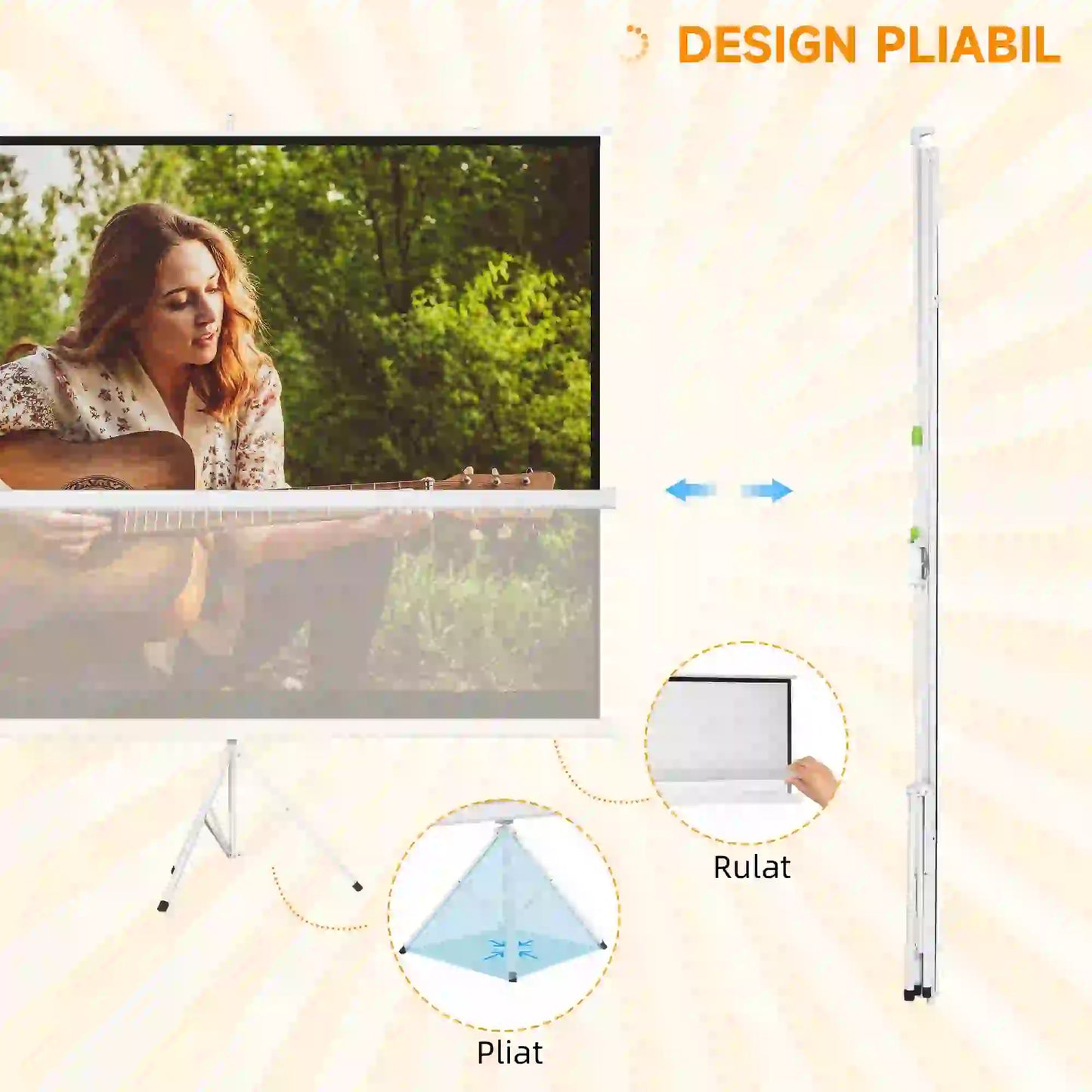Ecran de proiectie pentru videoproiector de 120" Format 4:3, 244x183 cm, Inaltime maxima: 3.2 m, din Tesatura Tip Plasa, Plastic si Metal, cu Trepied, Alb