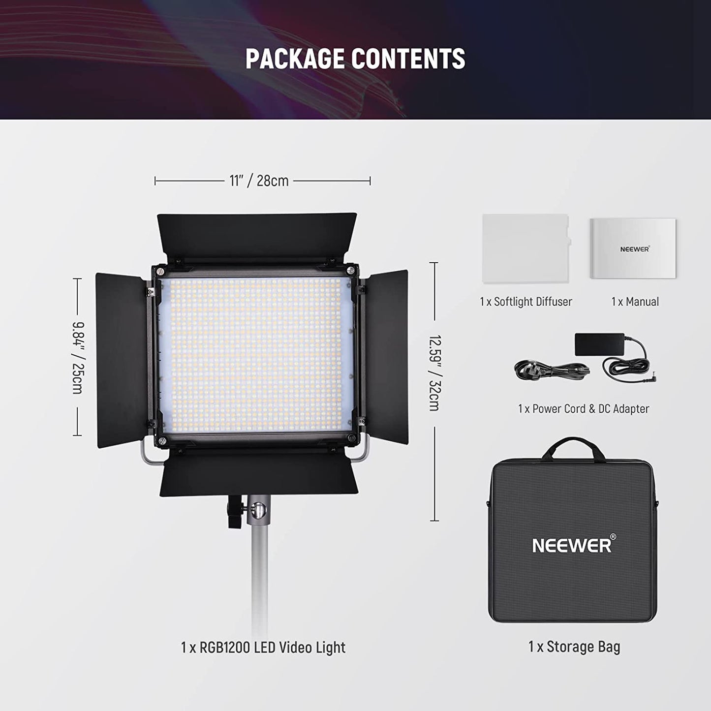 Lumina continua LED RGB cu control aplicatie si 2.4G, 22.000 Lux@0,5m, CRI 97+ / TLCI 98+ / 2500K-8500K, 18 moduri de scena, ajustare culoare 360°, din aliaj de aluminu, Neewer