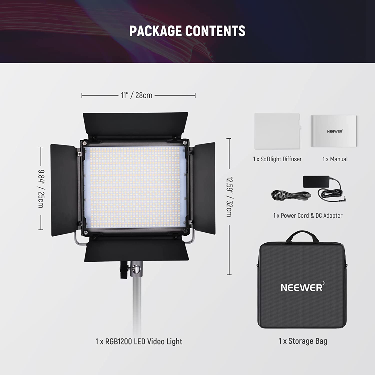 Lumina continua LED RGB cu control aplicatie si 2.4G, 22.000 Lux@0,5m, CRI 97+ / TLCI 98+ / 2500K-8500K, 18 moduri de scena, ajustare culoare 360°, din aliaj de aluminu, Neewer