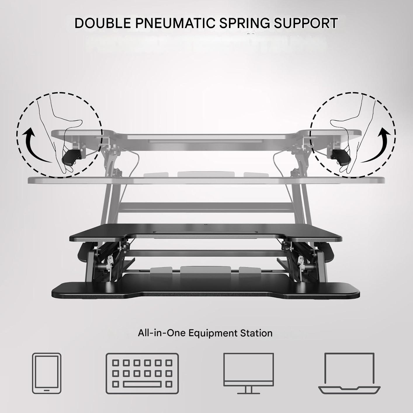 Suport de birou reglabil Bontec, 107x52.2cm, capacitate 15kg, arc dublu, reglaj inaltime 15–44 cm, pentru statie de lucru cu doua monitoare, negru