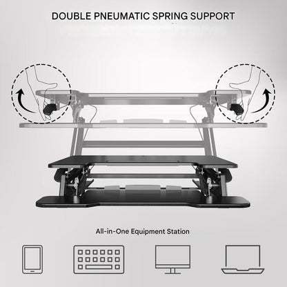 Suport de birou reglabil Bontec, 107x52.2cm, capacitate 15kg, arc dublu, reglaj inaltime 15–44 cm, pentru statie de lucru cu doua monitoare, negru