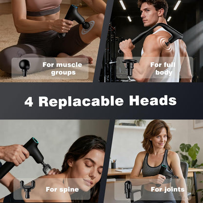 Aparat de masaj muscular tip pistol YIXISI, 4 niveluri de viteza, mod turbo, motor fara perii silentios, maner extensibil, include 4 capete speciale de masaj, pentru spate, umeri si corp, relaxare profunda si recuperare musculara