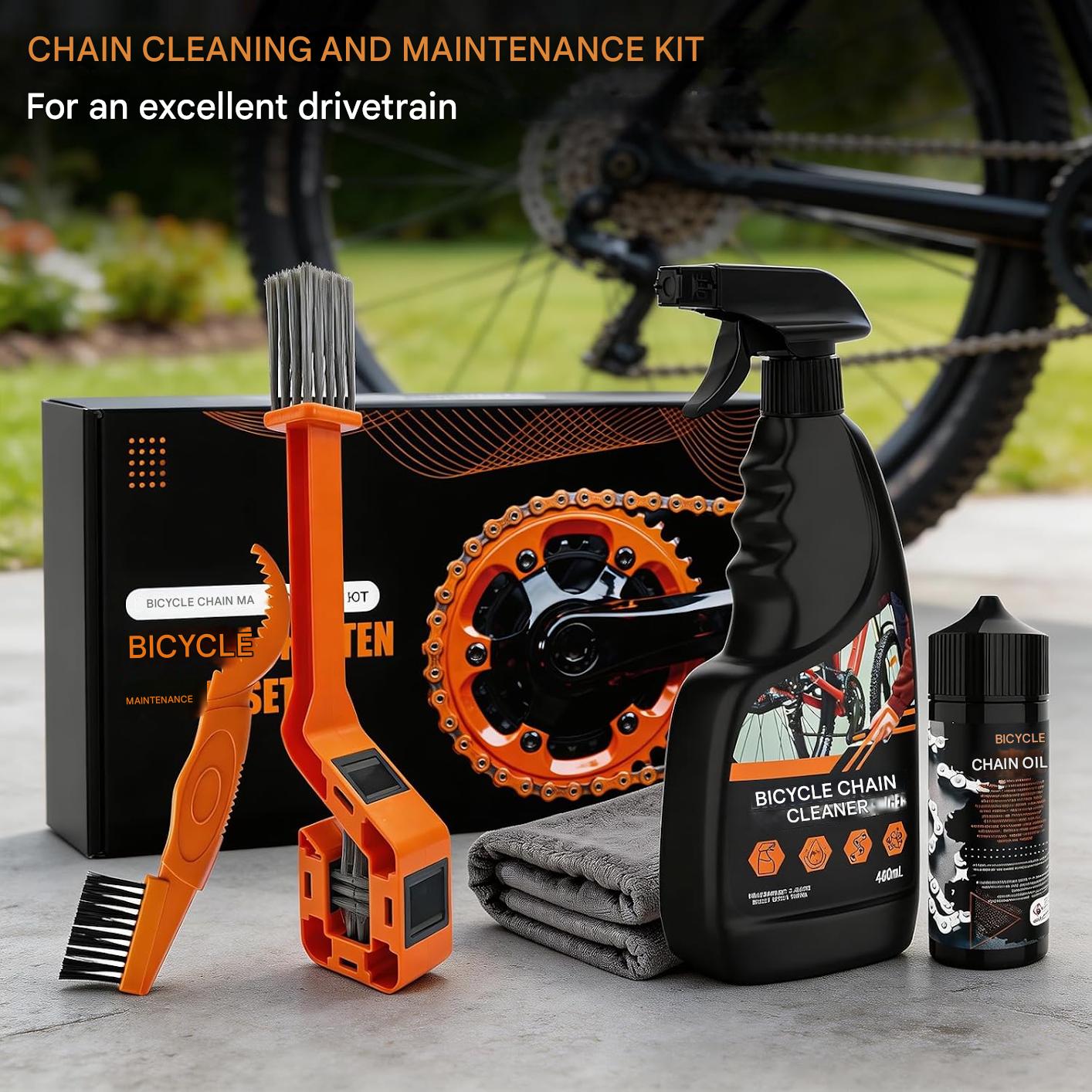 Kit curatare lant bicicleta, cu degresant 450 ml si ulei pentru lant 120 ml, perii curatare transmisie, laveta microfibra, set intretinere pentru MTB, cursiera si eBike