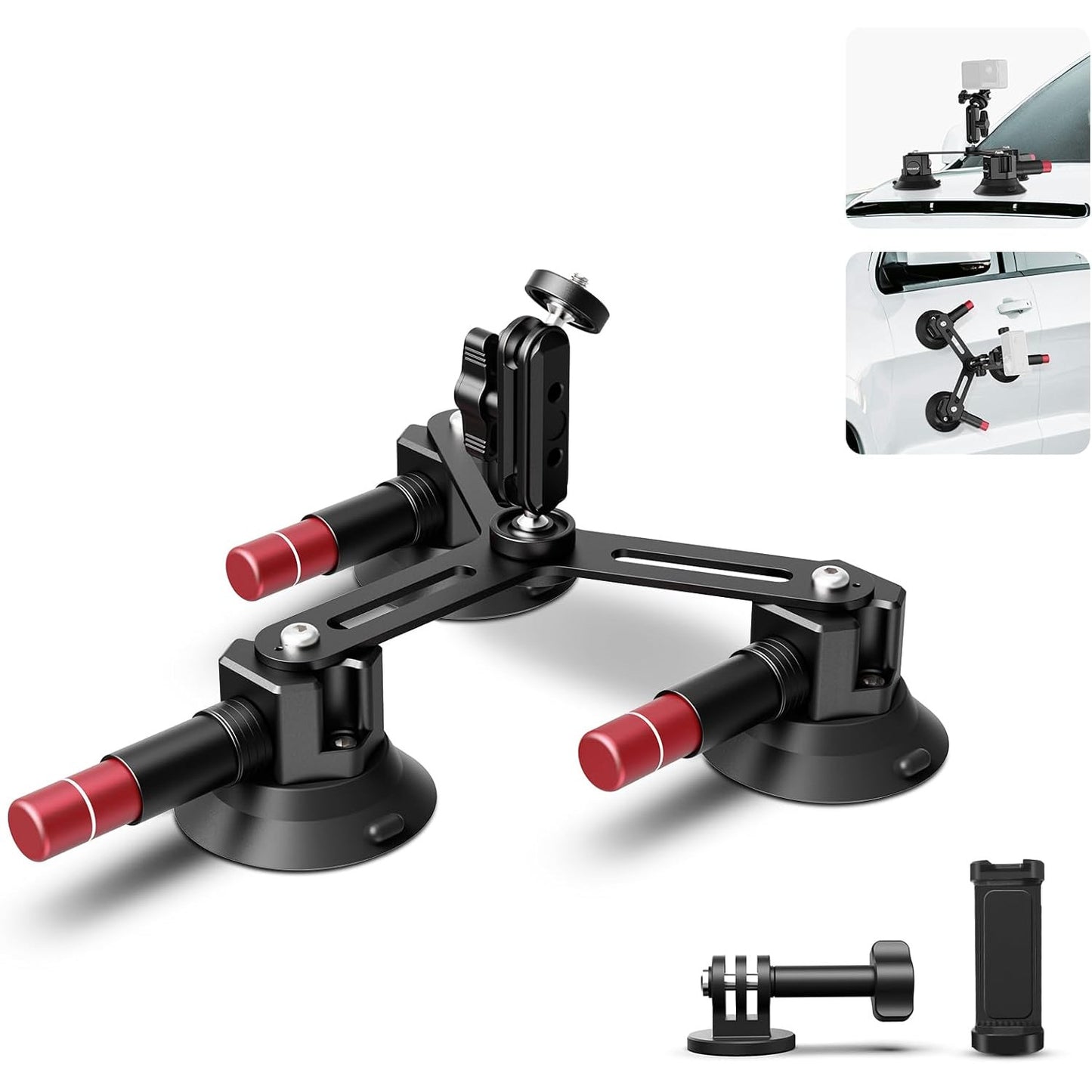 Suport auto cu 3 ventuze pentru camera de actiune si telefon, cu montura cap bila rotativa 360°, sistem eliberare rapida, pentru GoPro, DJI Osmo, Insta360, iPhone, Samsung, negru