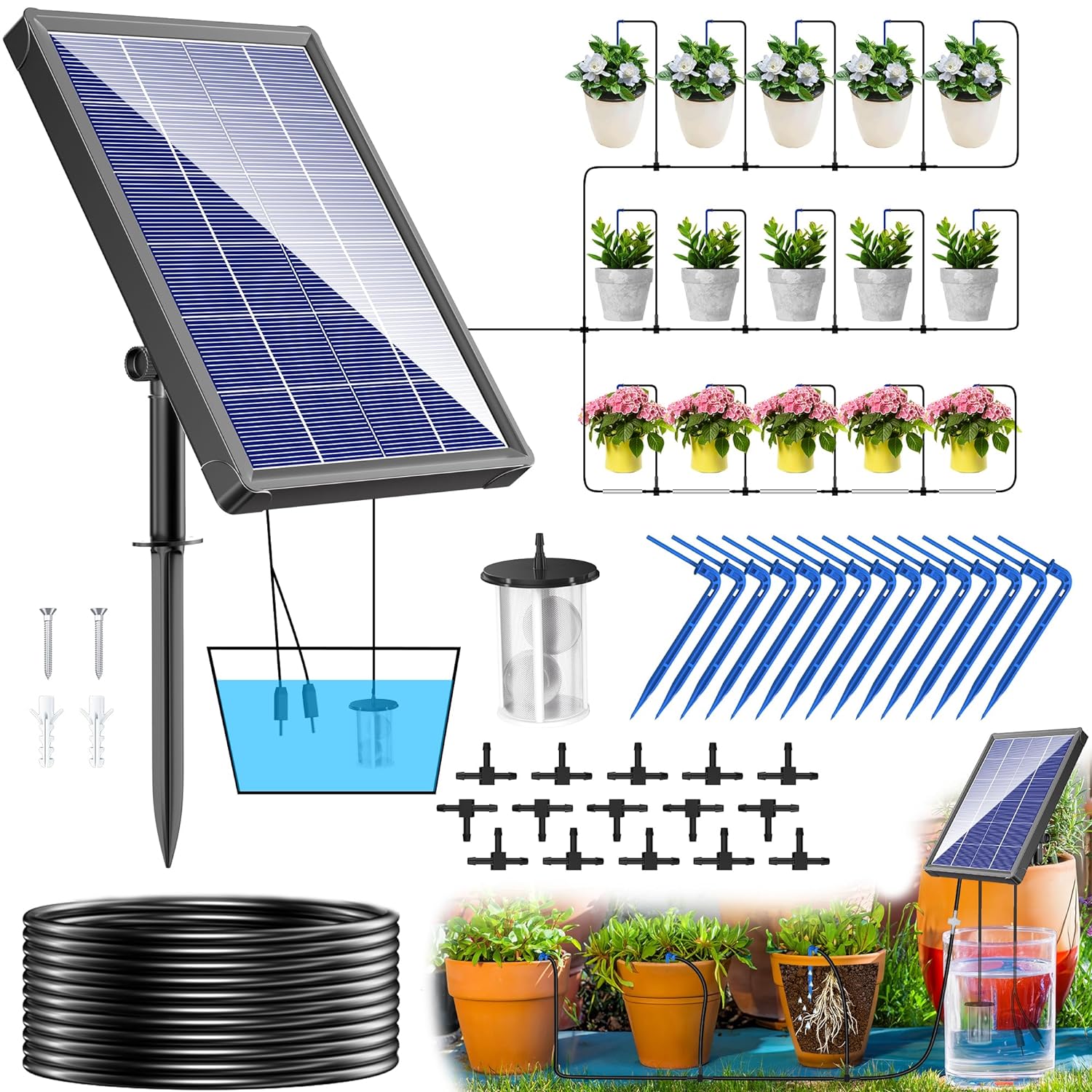 Sistem de irigare prin picurare cu panou solar, de 15 m, cu 15 aspersoare, 6 moduri de udare, alarma lipsa apa, impermeabil IP67, utilizare in interior/exterior, pentru balcon, gradina, sera