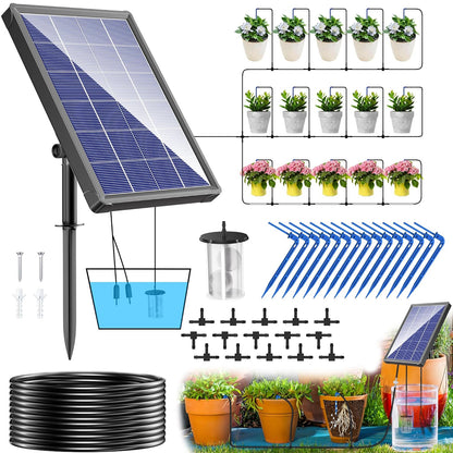 Sistem de irigare prin picurare cu panou solar, de 15 m, cu 15 aspersoare, 6 moduri de udare, alarma lipsa apa, impermeabil IP67, utilizare in interior/exterior, pentru balcon, gradina, sera