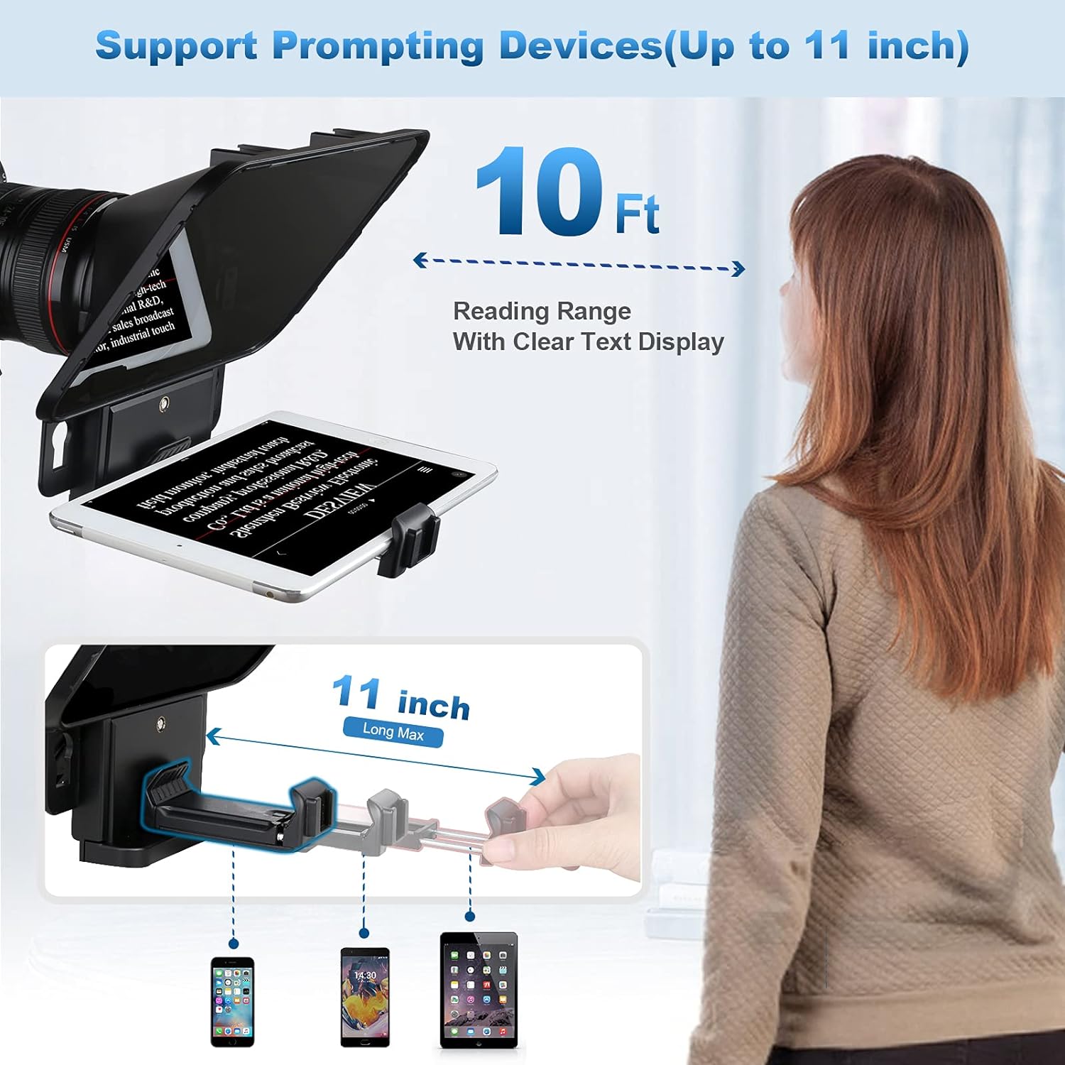 Kit teleprompter cu telecomanda si adaptoare obiectiv, pentru smartphone si tableta pana la 11 inch, cu aplicatie dedicata, pentru camere DSLR si smatphone