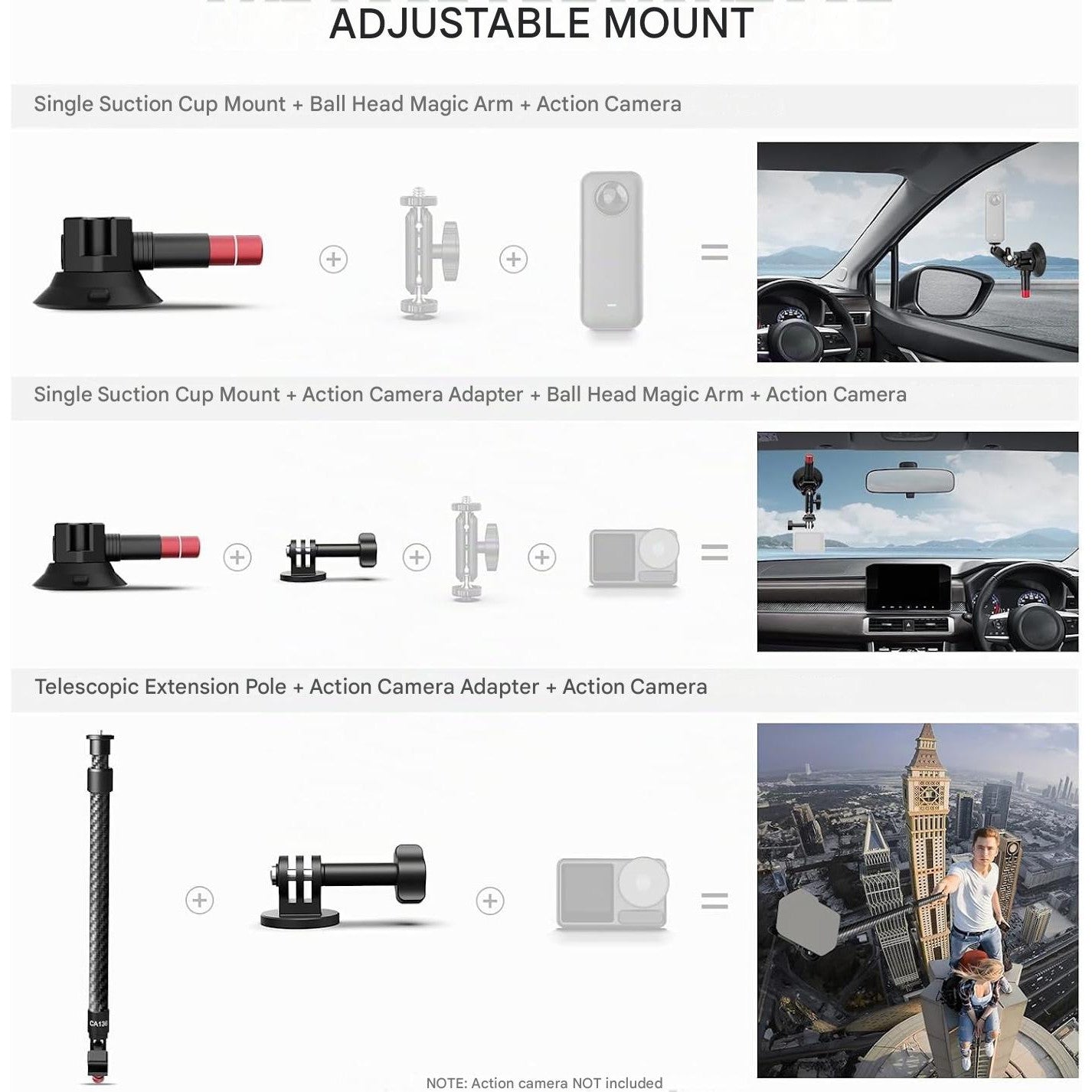 Suport auto NEEWER CA136 cu tripla ventuza, sistem montare camera actiune, compatibil GoPro/Insta360/DJI, sina NATO, brate din fibra de carbon extensibile pana la 60 cm, sarcina max. 1 kg, adaptor 1/4”, pentru vlog si filmare POV ID produs: 4307