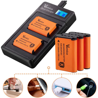 Set 3 acumulatori 1240 mAH NP-BX1, cu incarcator LCD dual pentru Sony NP-BX1 / M8 / RX100 / RX100 II / RX100M II / RX100 III / RX100 IV / RX100 VII
