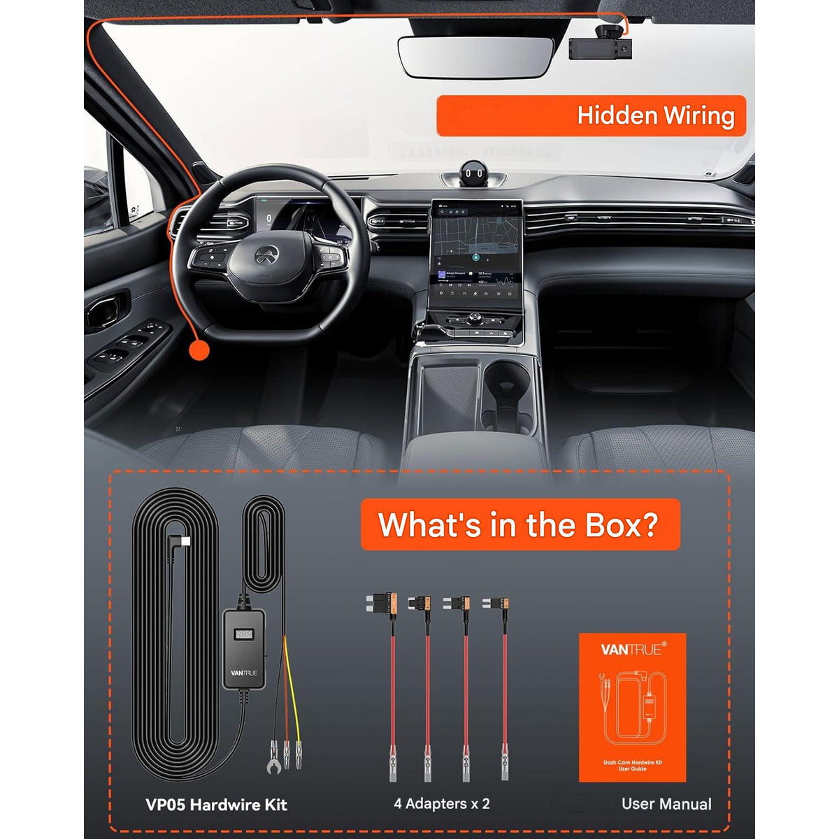 Kit cablu USB-C pentru camera de bord VanTrue, alimentare fixa hardwire 12V/24V la 5V, mod parcare 24/7, protectie la descarcare baterie, afisaj tensiune in timp real, compatibil dashcam si GPS