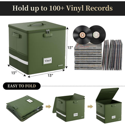 Cutie de depozitare ignifuga pentru discuri vinil, capacitate peste 100 LP-uri 12”, impermeabila, pliabila, cu incuietoare si fermoar, organizator pentru albume, CD-uri si documente, material rezistent pana la 1200°C, verde