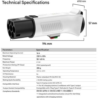 Adaptor mufa EV Type 2 la Schuko, IEC 62196 la priza 230V, 16A, 3.68 kW, IP44, pentru statii incarcare EV / Wallbox, biciclete si trotinete electrice