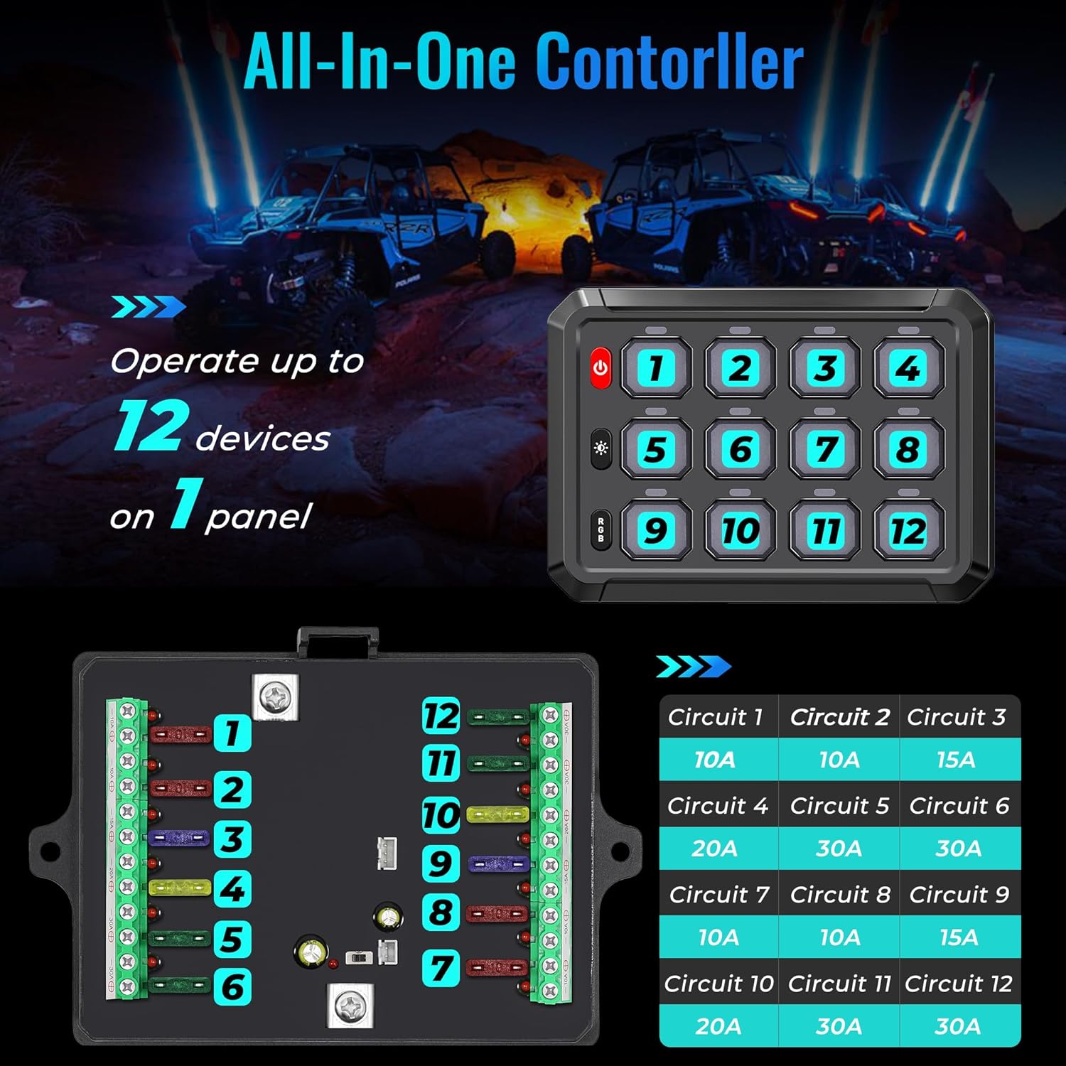 Kit panou comutator auto cu 12 butoane, 12-24V, LED RGB cu reglare automata, control prin aplicatie, moduri comutare, momentar, stroboscop, releu integrat, intrerupator ON/OFF 65A, Impermeabil IP65, pentru masina, camion, barca, SUV, Off-Road