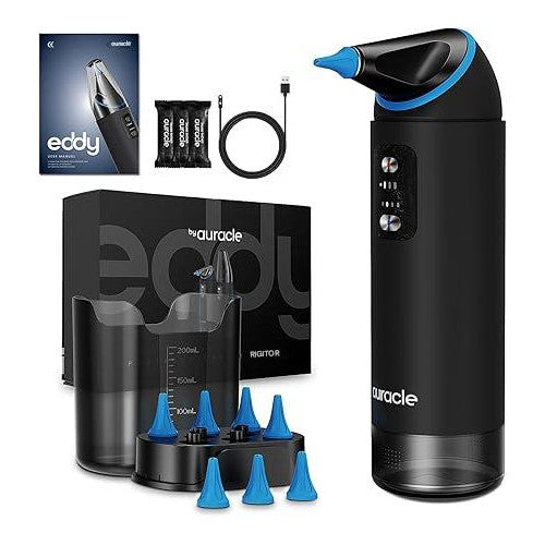Aparat de curatat urechile, electric, indeparteaza eficient ceara, 55 dB, rezervor de 200 ml, cu 4 moduri irigare, impermeabil IP65, baterie reincarcabila de 2000 mAh, cap rotativ la 360°, cu 8 capete de schimb si 2 duze