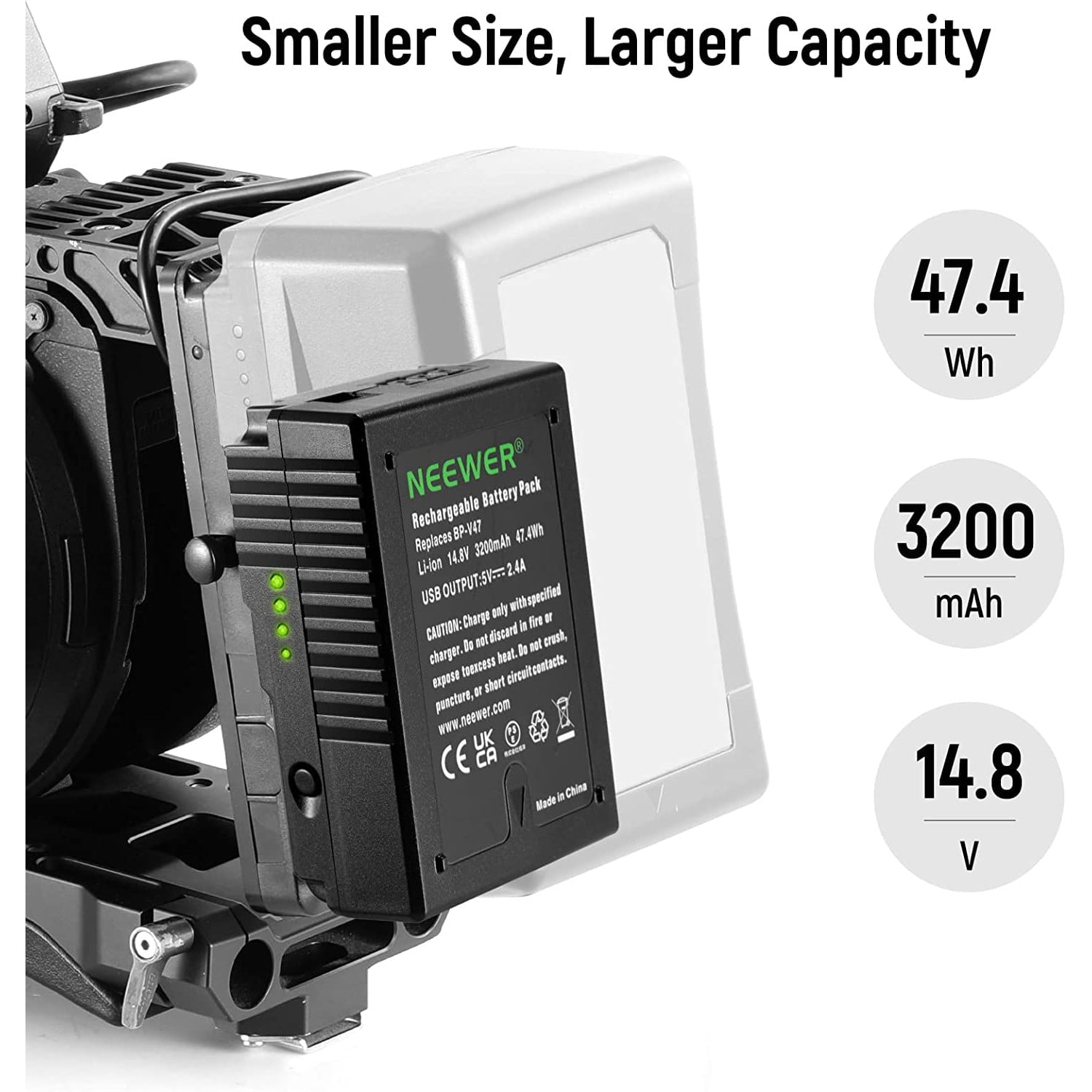 Acumulator BP-V47 V-Mount 3200 mAh, 47Wh, 14.8V, reincarcabil, cu lumina LED, slim, pentru SONY PMW-EX330K, PMW-EX330L, PMW-580K, PMW580L, PDW-680, PDW-700, PDW-850, PMW-TD300, HDW-F900R, HDW-680, HDW-800P, PMW-F55 PMW-F5