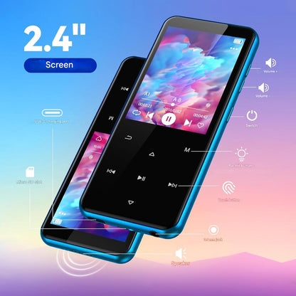 Player MP3 Agptek 64 GB, Bluetooth 5.3, ecran 2.4 inch, set cu casti si cablu USB Type C, suporta card pana la 128GB, butoane tactile, difuzor, Radio FM, E-Book, alarma, albastru