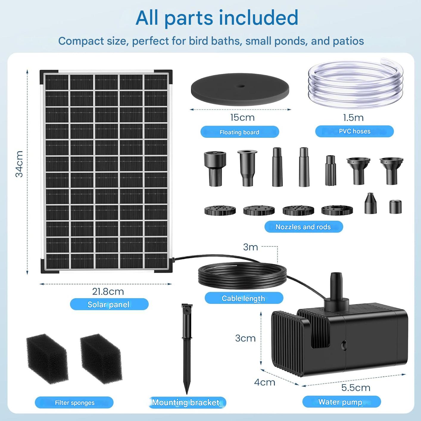 Fantana solara 12W cu baterie 5000 mAh, 10 duze si 10 stiluri de fantana, debit 300l/h, inaltime 0.3–0.8 m, panou solar cu cablu de 3 m, functie anti-uscare, functionare silentioasa ≤50 dB, pentru iaz, gradina, baie pasari si decor exterior