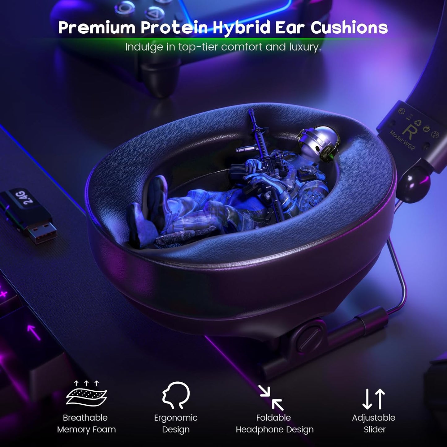 Casti gaming wireless WESEARY WG2 2.4G Bluetooth 5.4, sunet surround 7.1 3D, driver 50mm titan, microfon dual ENC, latenta <20ms, compatibile PS5, PS4, PC, Mac, Switch, baterie 1200mAh 50h, RGB LED