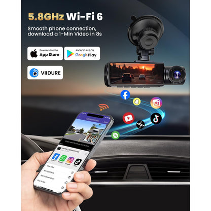 Camera auto DVR 4K cu 3 canale, fata 4K Ultra HD + interior, spate 1080P Full HD, Wi-Fi 5GHz, aplicatie mobila, viziune nocturna WDR avansata, unghi ultra-larg 170°, senzor G, inregistrare Loop, camera marsarier inclusa, card MicroSD 64GB