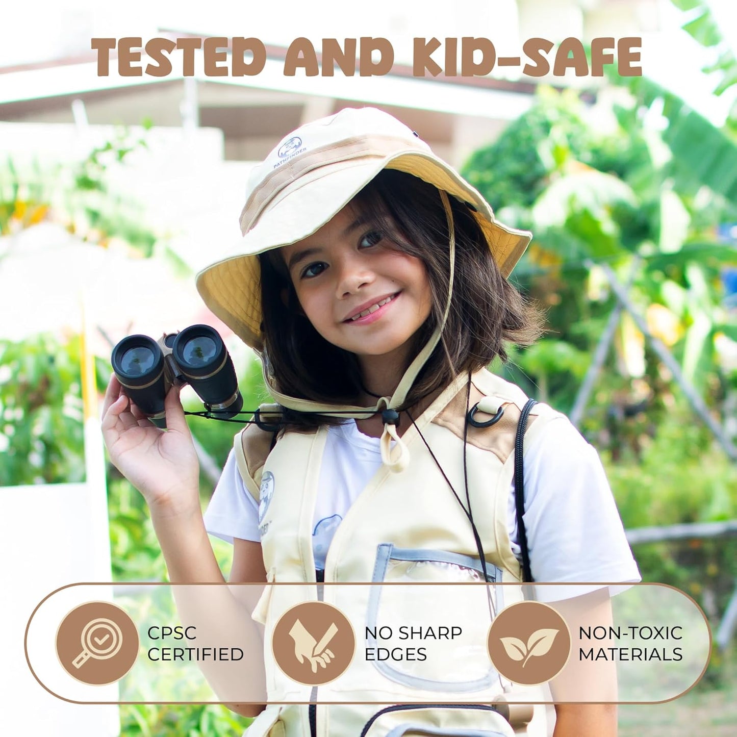 Set explorator safari pentru copii 4+ ani, kit cercetator si aventura in natura cu vesta safari, palarie, binoclu, lupa cu cupa, plasa pentru fluturi, cutie insecte, lanterna, fluier, penseta si rucsac, jucarie educativa de exterior, marime mare