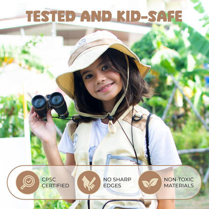 Set explorator safari pentru copii 4+ ani, kit cercetator si aventura in natura cu vesta safari, palarie, binoclu, lupa cu cupa, plasa pentru fluturi, cutie insecte, lanterna, fluier, penseta si rucsac, jucarie educativa de exterior, marime mare