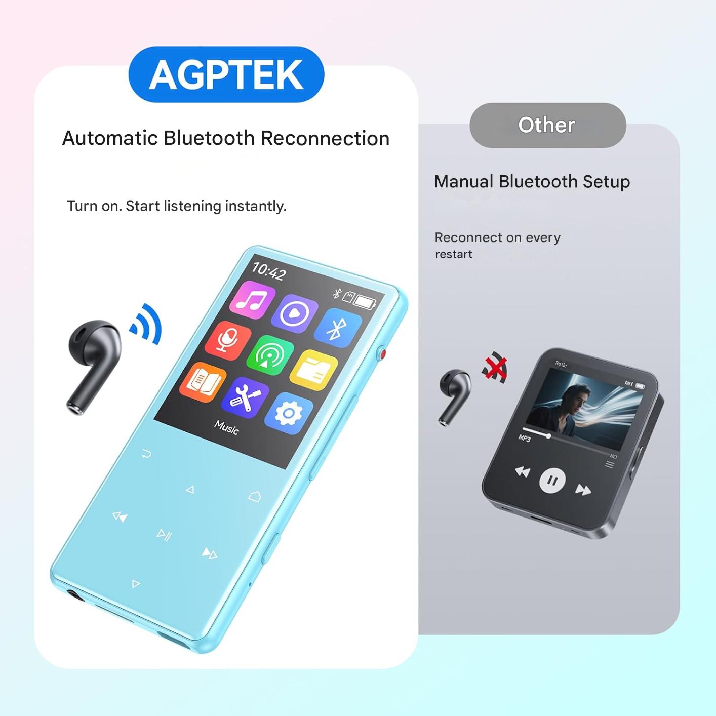 MP3 Player 128 GB AGPTEK cu Bluetooth 5.4, ecran 2, 4 inch, inregistrare cu un singur clic, difuzor HD incorporat, radio FM, carcasa metalica, butoane tactile, portabil, casti incluse, albastru