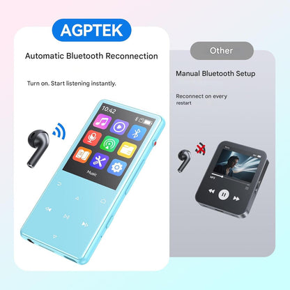 MP3 Player 128 GB AGPTEK cu Bluetooth 5.4, ecran 2, 4 inch, inregistrare cu un singur clic, difuzor HD incorporat, radio FM, carcasa metalica, butoane tactile, portabil, casti incluse, albastru