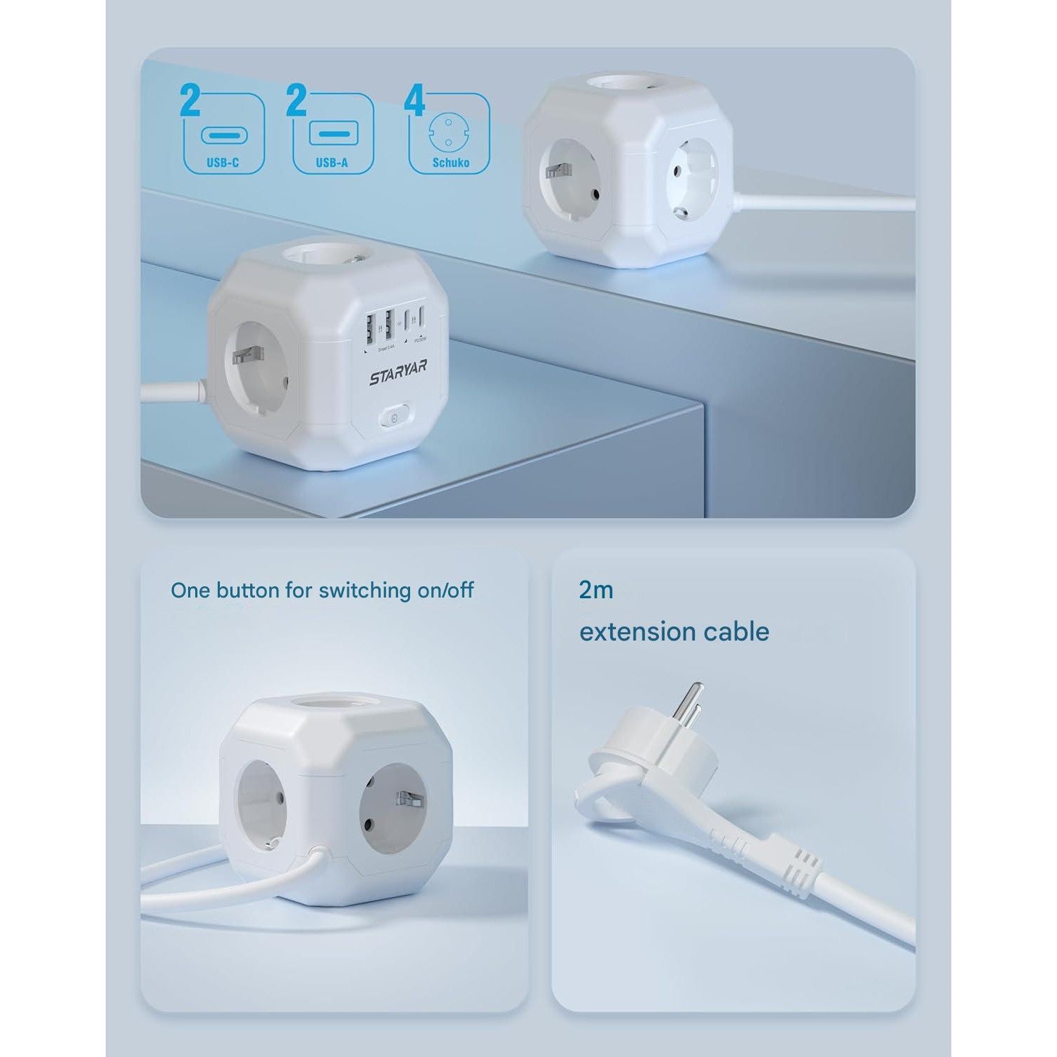 Prelungitor cub cu 4 prize, 2 USB-A su 2 USB-C PD 35W, 4000W, comutator ON/OFF, cablu de 2 m, 7.6 x 7.8 cm, alb