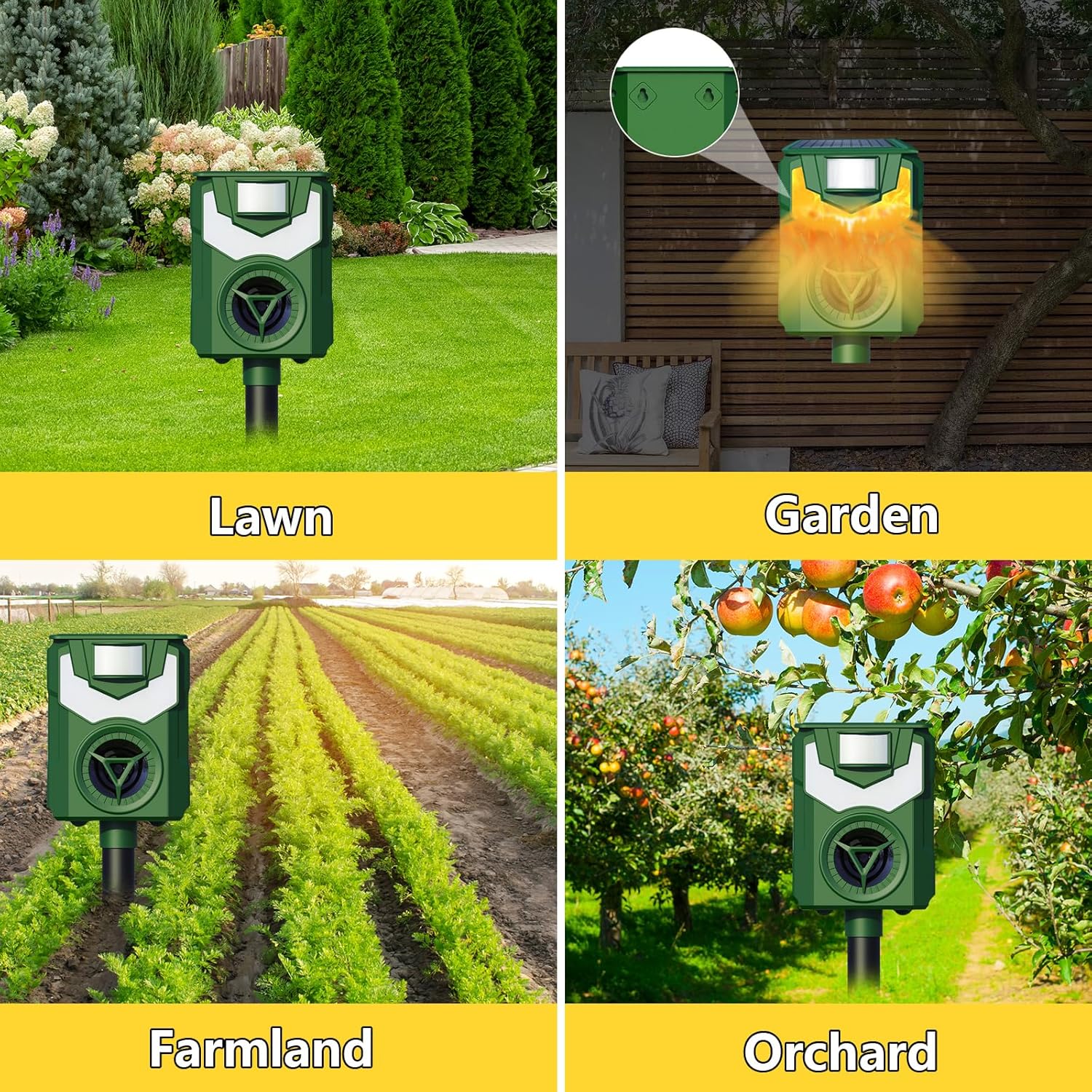Aparat impotriva daunatorilor, cu panou solar, ultrasunete, lumina tip flacara, senzor de miscare, 5 moduri de functionare, impermeabil IP44, portabil