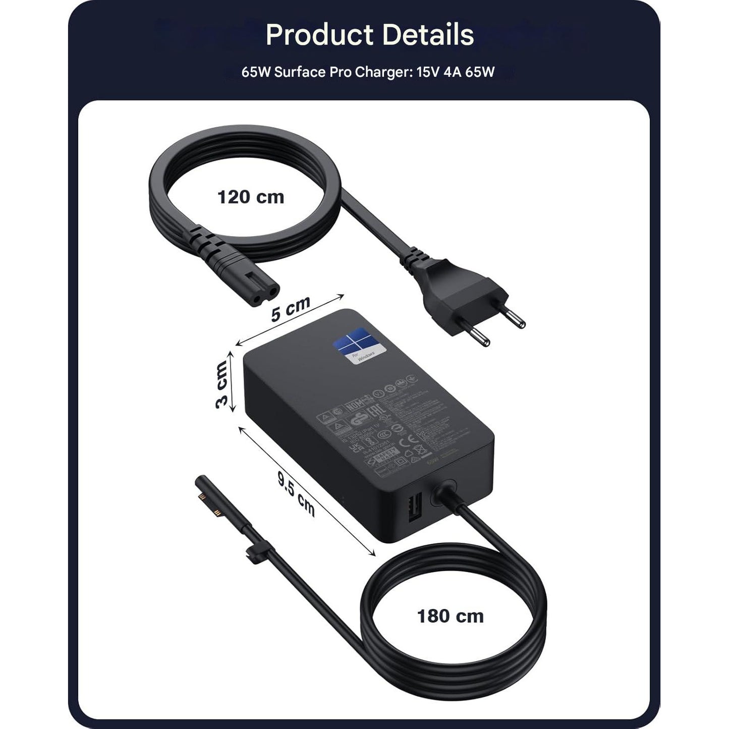 Incarcator tableta/laptop Surface Pro 11/10/9/8/7+/7/6/5/4/3/X, Windows Surface Laptop 7/6/4/4/3/2, Studio I5, Surface GO 4/3/2, Surface Book 3/2/1, 65W, cu iesire USB, negru