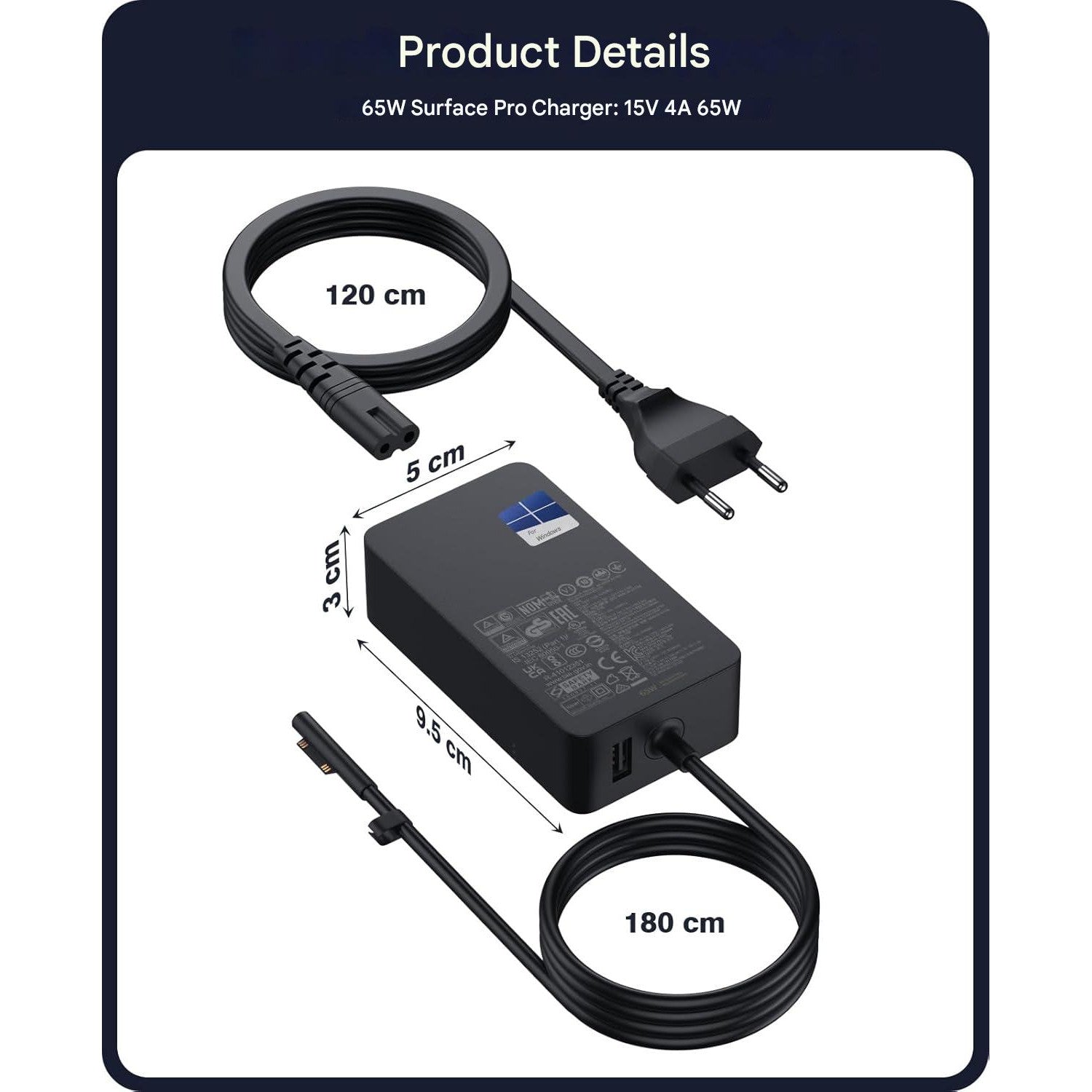 Incarcator tableta/laptop Surface Pro 11/10/9/8/7+/7/6/5/4/3/X, Windows Surface Laptop 7/6/4/4/3/2, Studio I5, Surface GO 4/3/2, Surface Book 3/2/1, 65W, cu iesire USB, negru