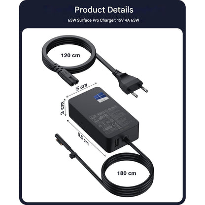 Incarcator tableta/laptop Surface Pro 11/10/9/8/7+/7/6/5/4/3/X, Windows Surface Laptop 7/6/4/4/3/2, Studio I5, Surface GO 4/3/2, Surface Book 3/2/1, 65W, cu iesire USB, negru