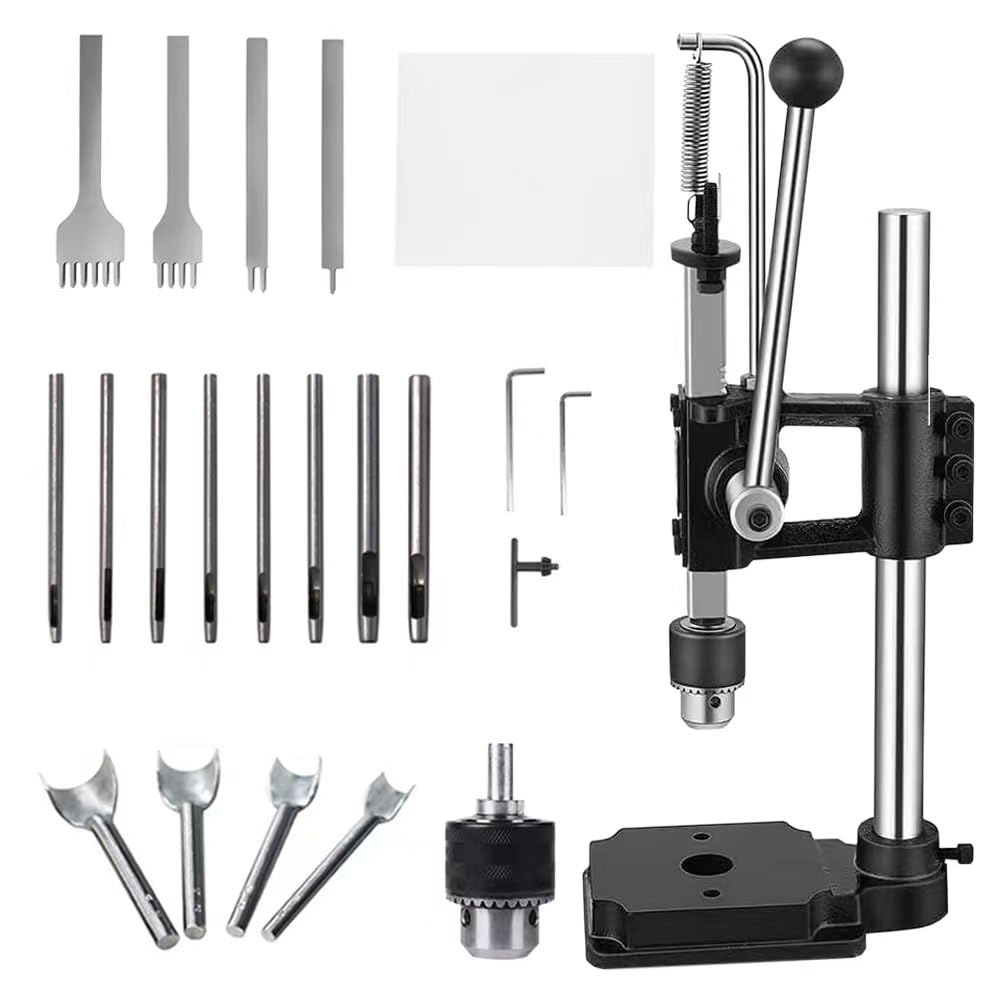 Presa pentru perforat pielea profesionala, masina de stantat si embosare piele cu dalti perforatoare, mandrina si accesorii, ergonomic, din metal