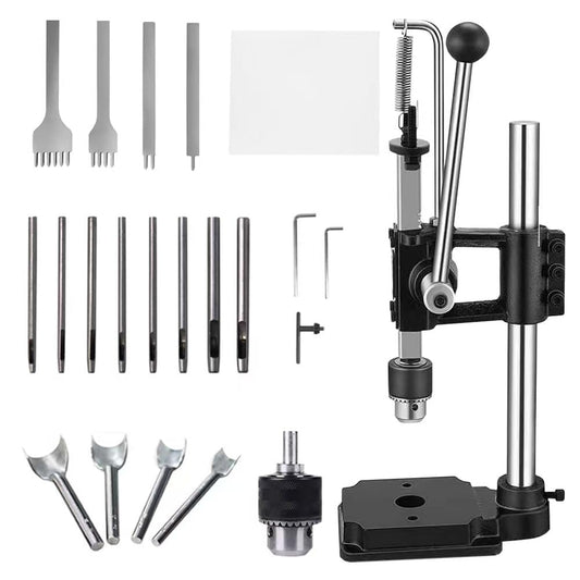 Presa pentru perforat pielea profesionala, masina de stantat si embosare piele cu dalti perforatoare, mandrina si accesorii, ergonomic, din metal