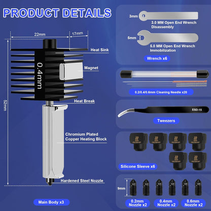 Set 3 Hotend-uri 0.4 mm pentru Bambu Lab A1 / A1 Mini, cu duze otel calit 0.2/0.4/0.6 mm, sosete silicon, ace curatare si chei, compatibil PLA ABS PETG TPU lemn 1.75 mm, kit complet extruder imprimanta 3D