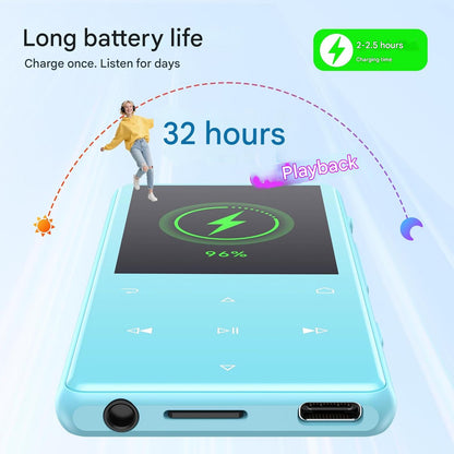 MP3 Player 128 GB AGPTEK cu Bluetooth 5.4, ecran 2, 4 inch, inregistrare cu un singur clic, difuzor HD incorporat, radio FM, carcasa metalica, butoane tactile, portabil, casti incluse, albastru