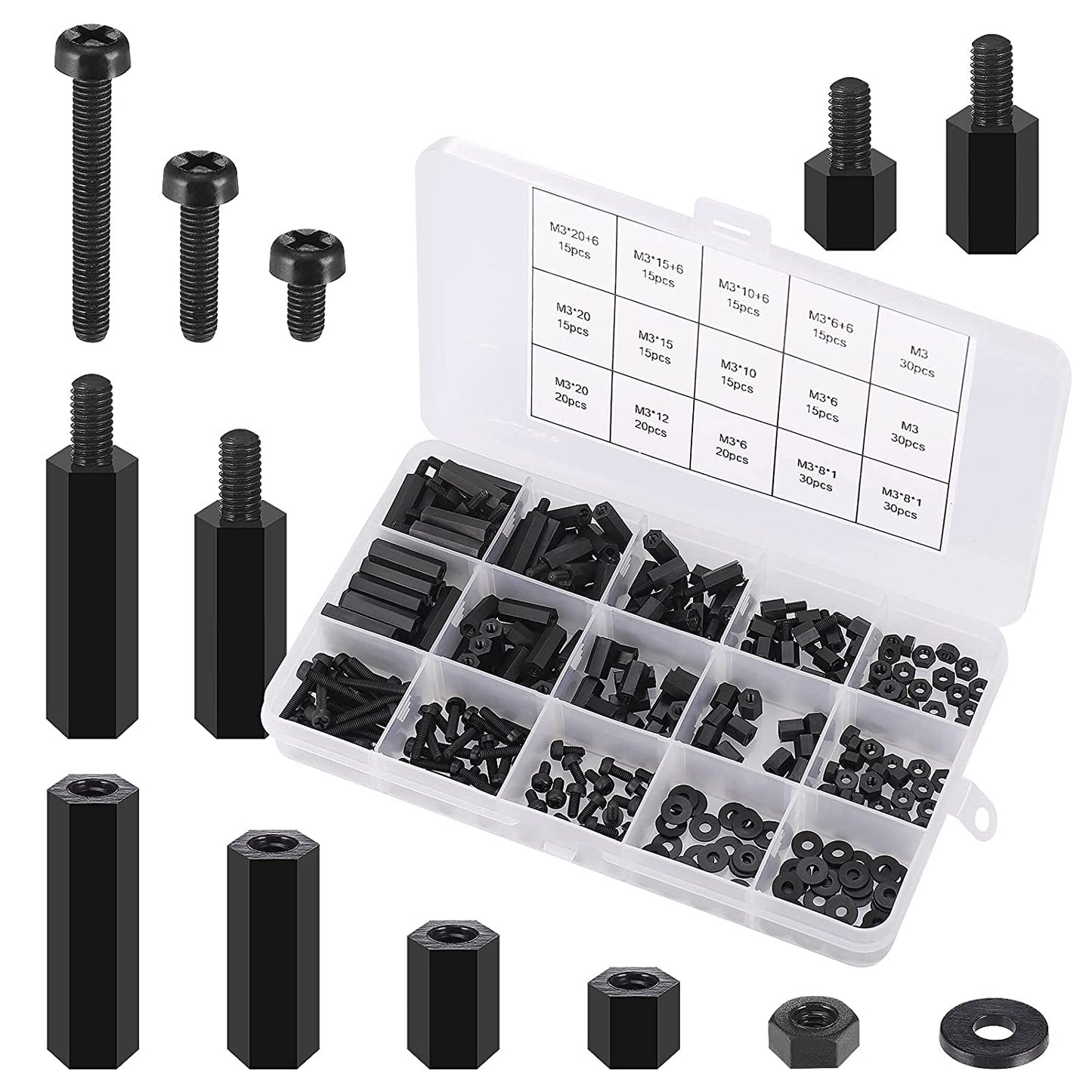 Set distantiere M3 hexagonale din Nylon, mama-mama si mama-tata, cu suruburi, saibe si piulite din plastic, cu cutie de depozitare, negre