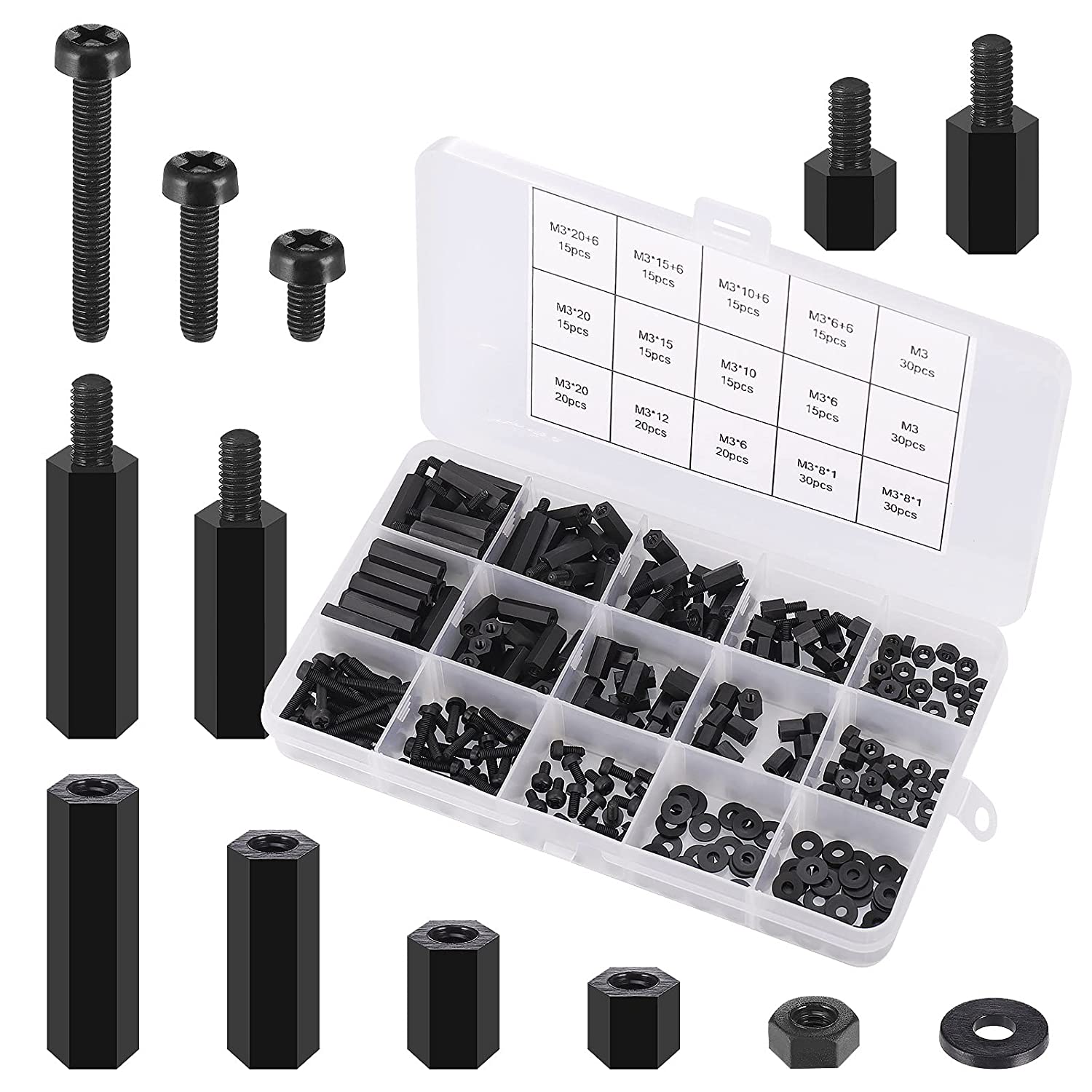 Set distantiere M3 hexagonale din Nylon, mama-mama si mama-tata, cu suruburi, saibe si piulite din plastic, cu cutie de depozitare, negre