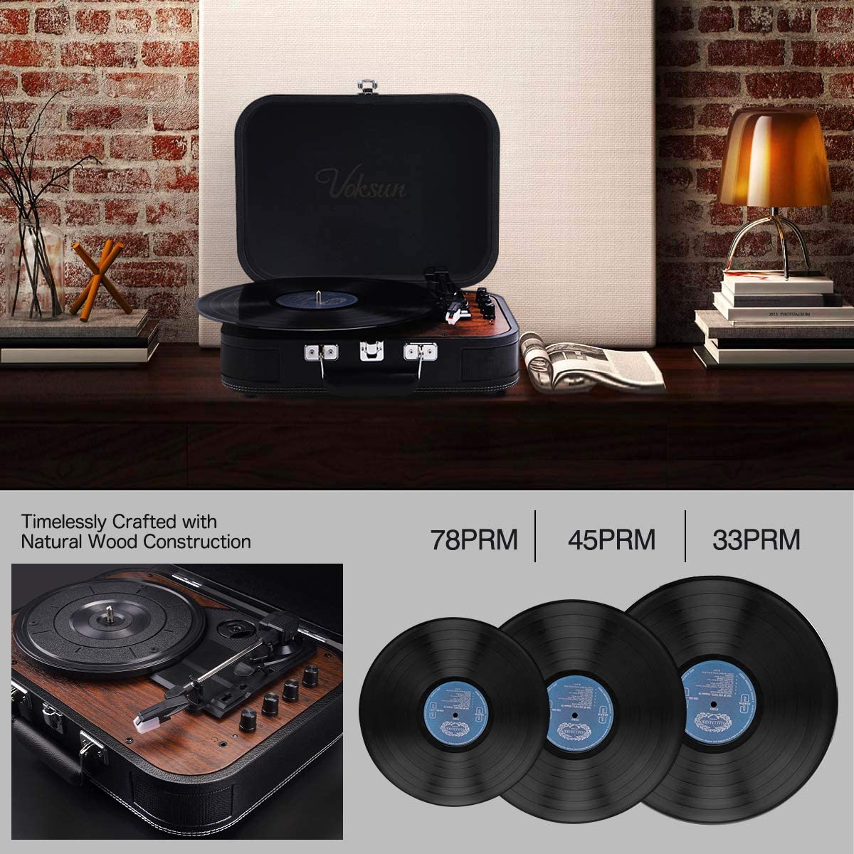 Pick-up Voksun, Bluetooth 5.0, Card SD, Aux, USB, difuzoare incorporate, 3 trepte de viteza, design tip servieta, negru