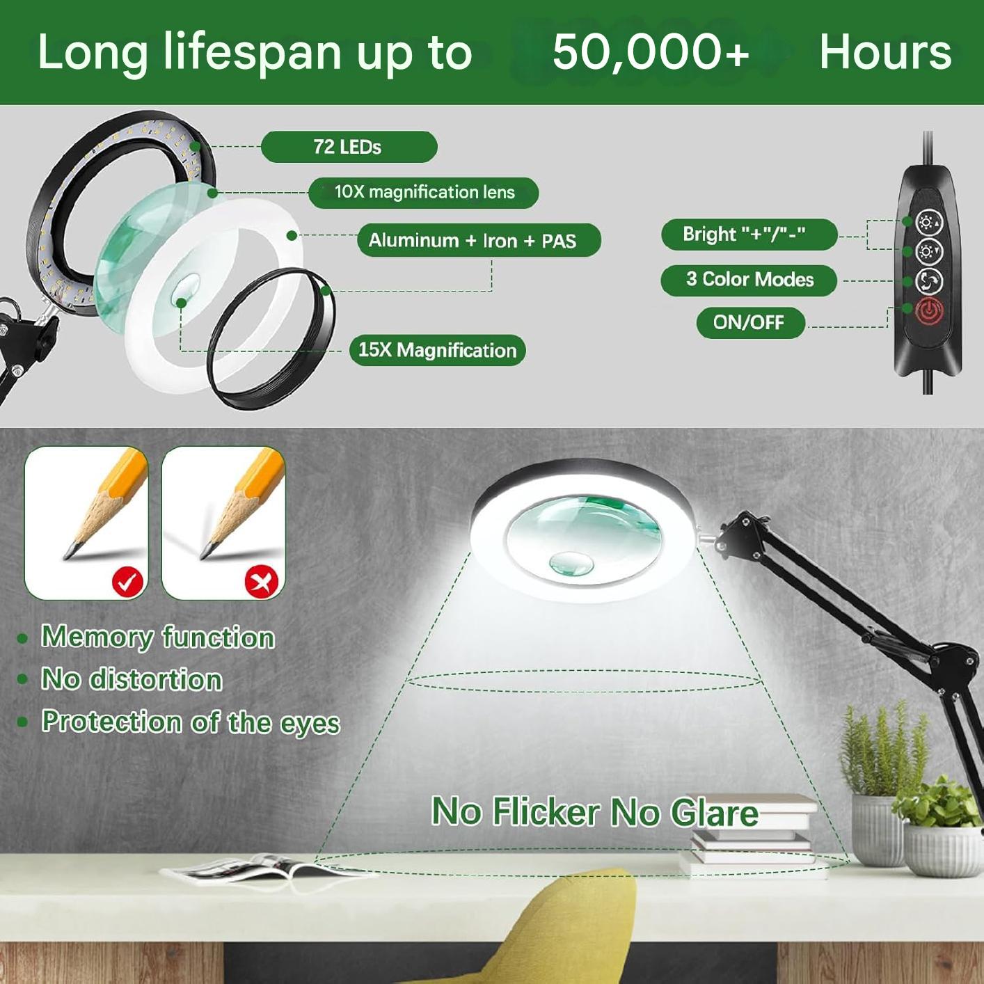 Lampa cosmetica LED cu lupa 10X-15X, lumina reglabila in 3 culori alb cald/rece, dimabila, cu telecomanda, brat reglabil cu prindere tip menghina, pentru machiaj, manichiura, tatuaje