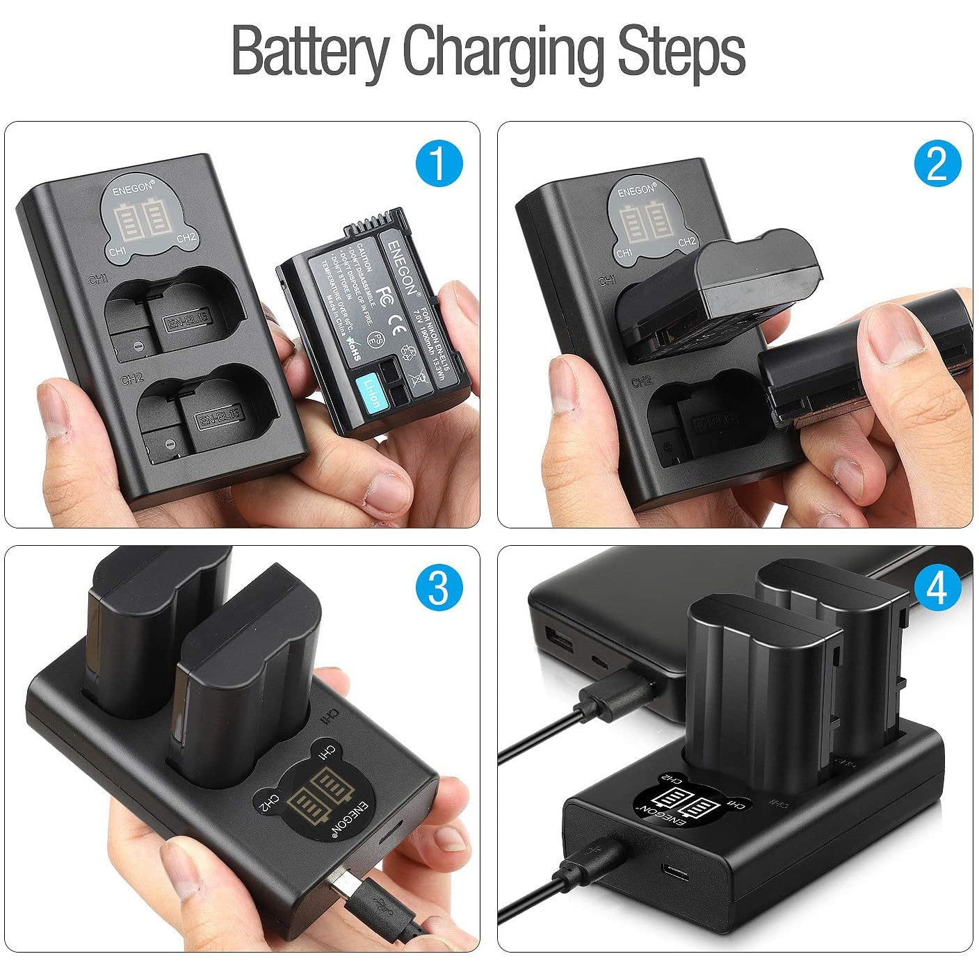 Set 2 acumulatori 1900 mAh, EN-EL15/EL15a, baterii + incarcator, pentru Nikon D7100, D750, D7000, D7200, D610, D880, D810