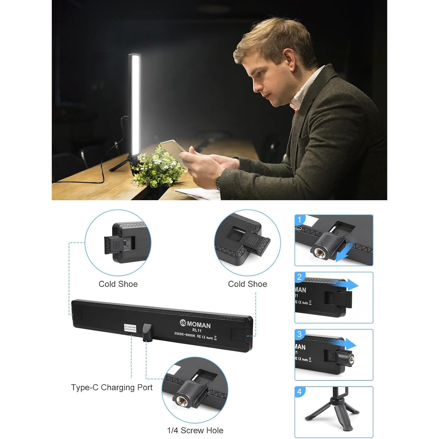 Lampa LED cu trepied, luminozitate reglabila, lampa de masa cu USB, cu protectie pentru ochi, material ABS, 11 niveluri de luminozitate, 2500 K pana la 9000 K, pentru videoconferinte