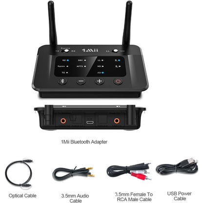 Transmitator si receptor Bluetooth 5.3, adaptor wireless aptX HD cu latenta scazuta, conectare doua dispozitive simultan, mod bypass, raza de actiune 70 metri, multifunctional, negru