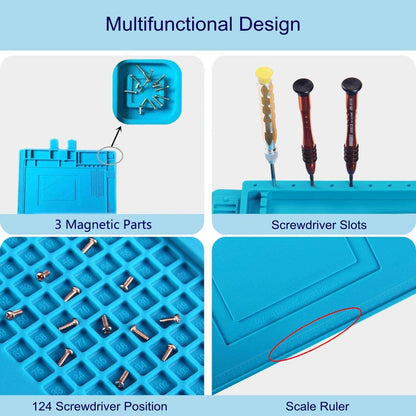 Covoras multifunctional pentru pistol de lipit, 45 x 30 cm, antistatic, din silicon rezistent la caldura 500°C, protectie masa de lucru cu compartimente magnetice, albastru