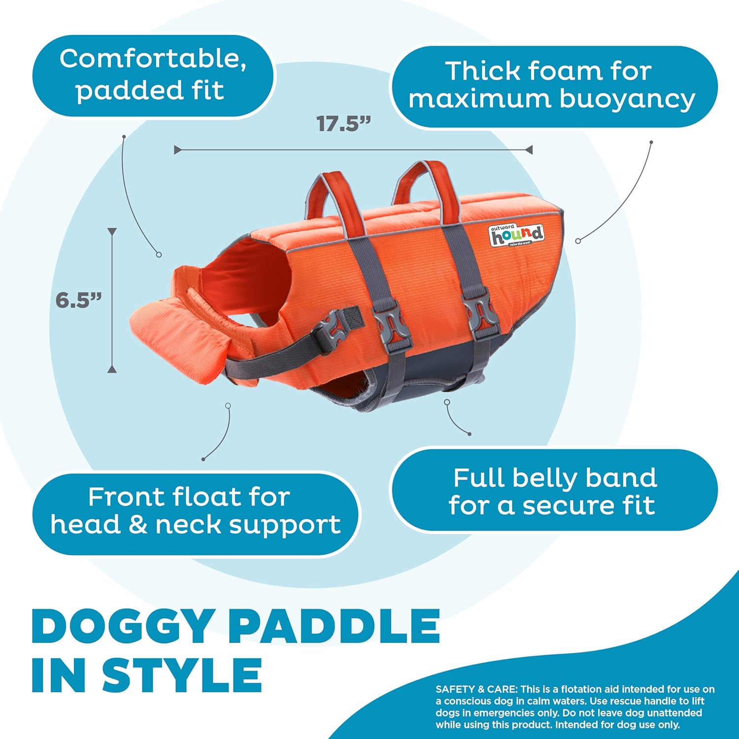 Vesta de salvare pentru caini marimea L, Outward Hound Granby Splash, greutatea minima 25 kg, portocaliu, cu accente reflectorizante, bretele reglabile, banda abdominala si maner de transport pentru salvare