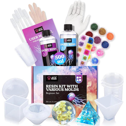 Set rasina epoxidica 250 ml si intaritor 250 ml cu forme din silicon, sclipici, flori uscate, pipete, cupe de masura, pentru bricolaj, incepatori si profesionisti