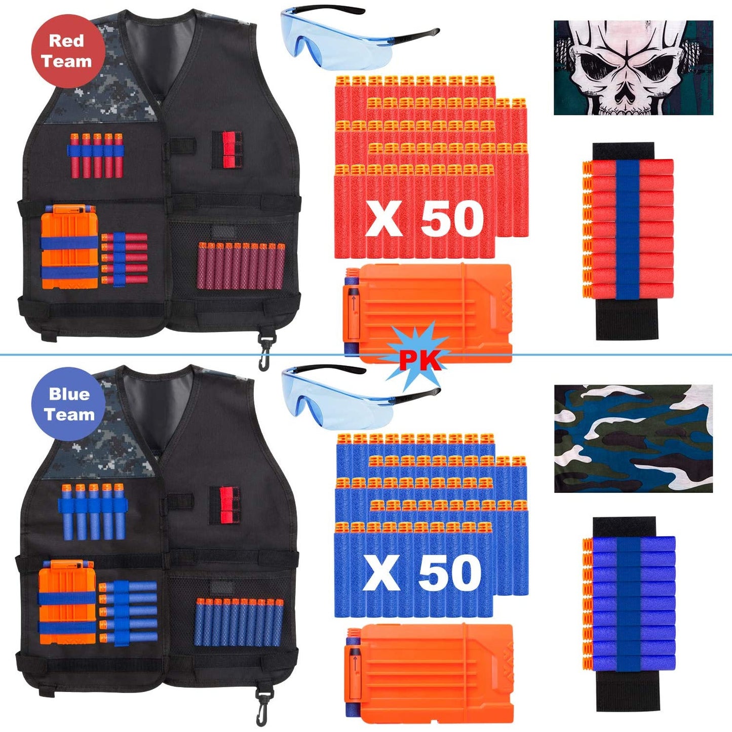 Set 2 X vesta compatibila cu Nerf N-Strike Elite Series, Tactical vest, cu masti, 100 sageti burete, 2 bratari si incarcatoare